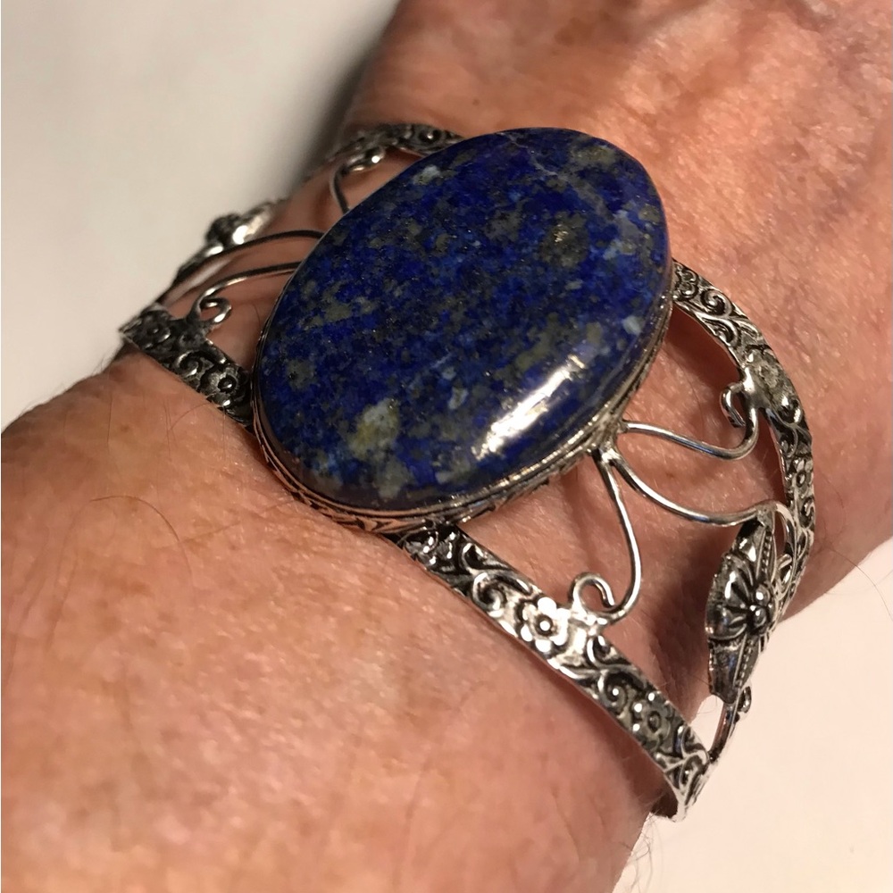 Lapis Lazuli Stamped 925 Sterling Silver Cuff Bracelet